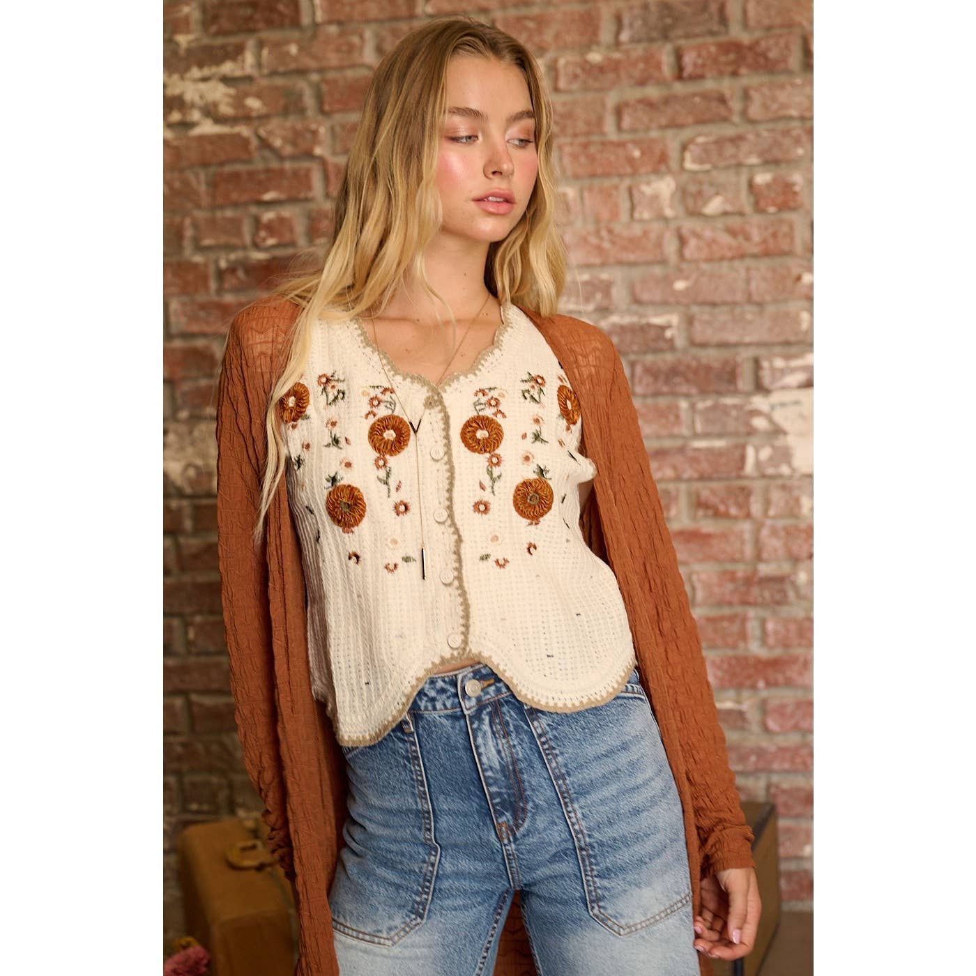 Floral Embroidery Sleeveless Crochet Vest Top