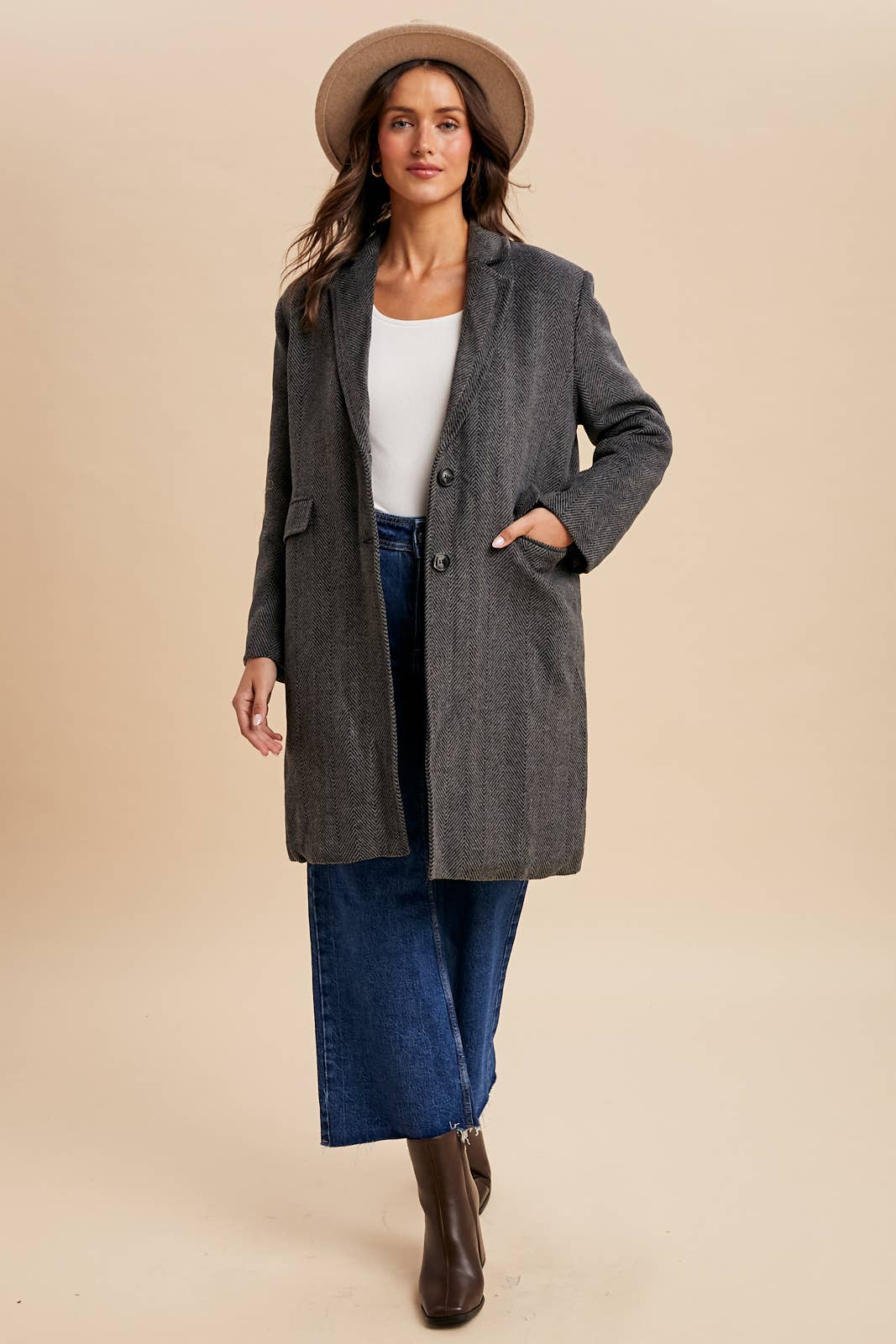 Herringbone Duster Coat – Charcoal