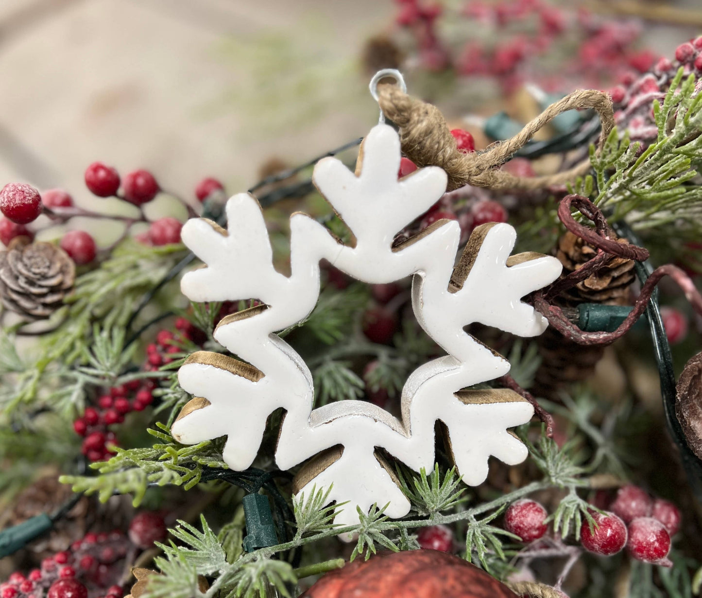 Hollow White Enamel Snowflake • 4x4 in