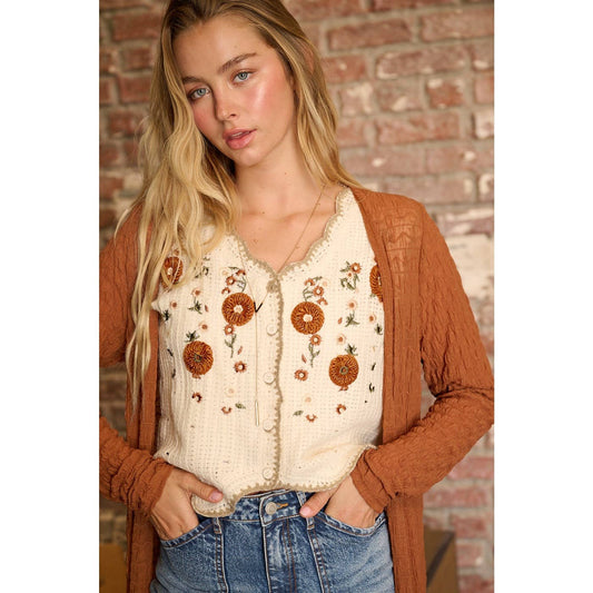 Floral Embroidery Sleeveless Crochet Vest Top
