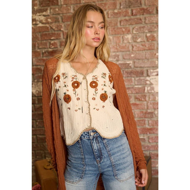 Floral Embroidery Sleeveless Crochet Vest Top