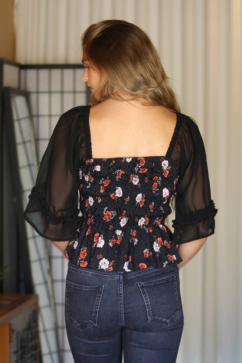 Wildflower Whisper - Sheer Sleeve Smocked Blouse