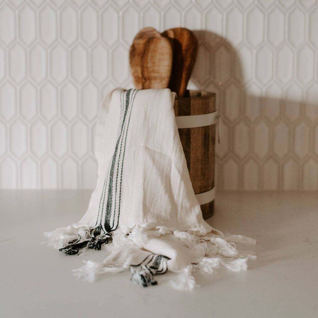 Savannah Turkish Cotton Hand Towel | Natural with Black + Tan Stripes