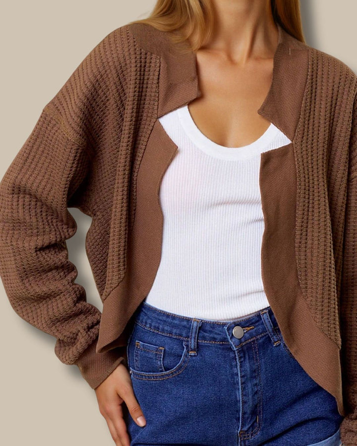 Waffle Knit Puff Sleeve Cardigan
