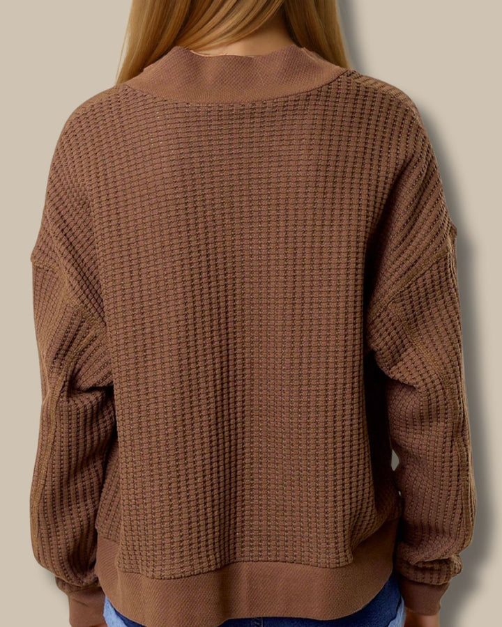 Waffle Knit Puff Sleeve Cardigan