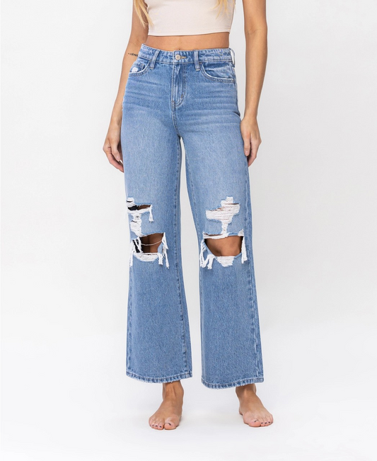 High Rise Distressed Wide Leg Jeans