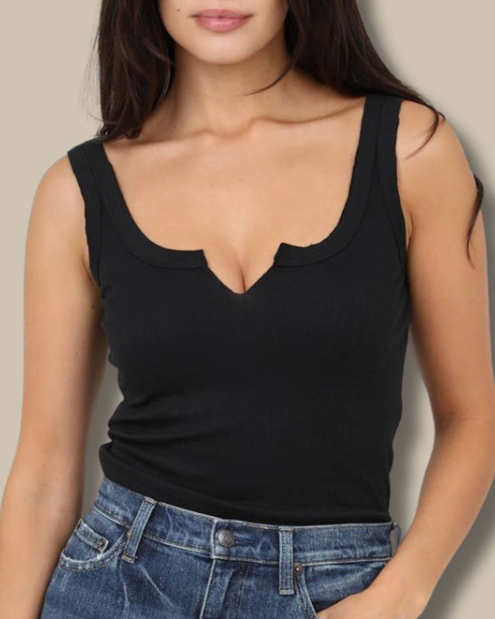 Notch Neck Rib Knit Tank Top | Black & White