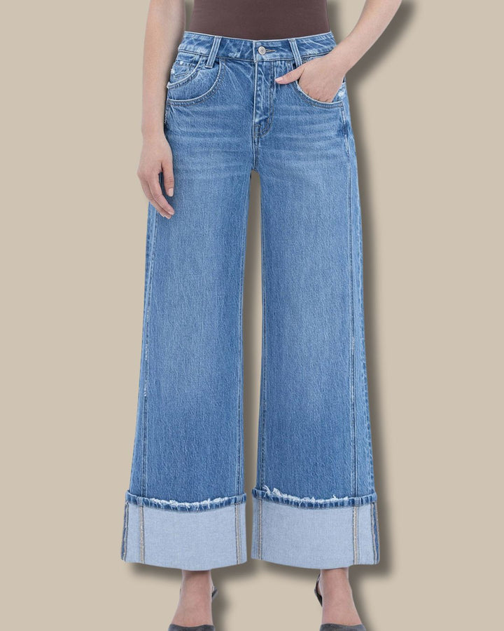 High Rise Cuffed Baggy Wide Leg Jeans