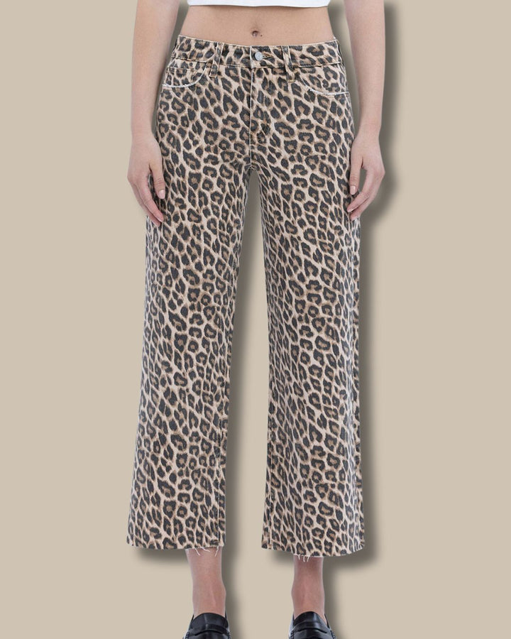 High Rise Animal Print Crop Wide Leg Jeans
