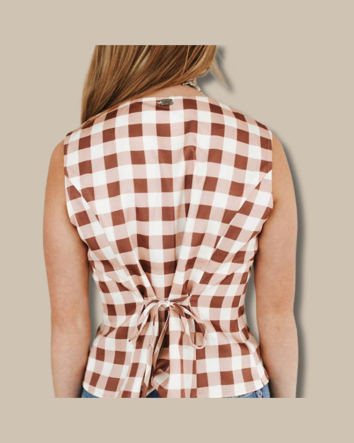 Square Checkered Western Pearl Snap Button Down Vest | Beige