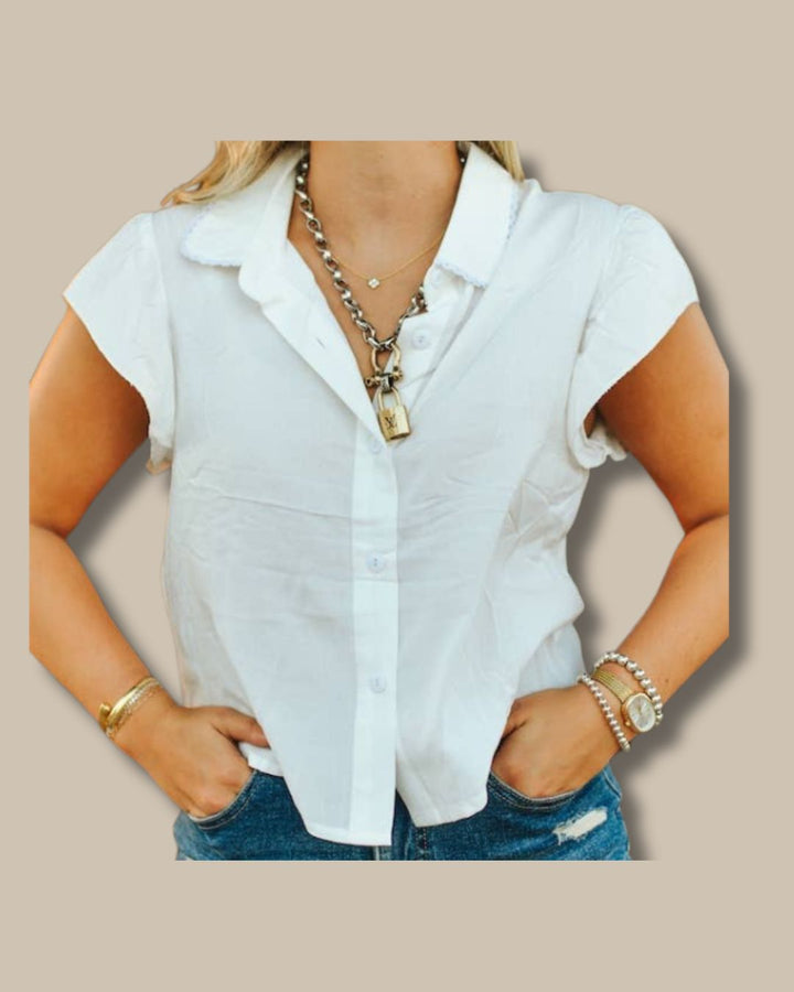 Ivory Collared Button Down Ruffle Short Sleeve Top