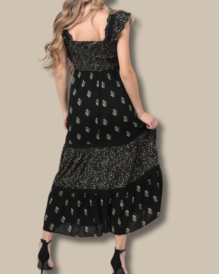 Cap Sleeve Tiered Maxi Dress | Black