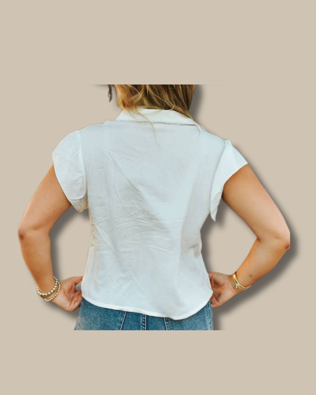 Ivory Collared Button Down Ruffle Short Sleeve Top