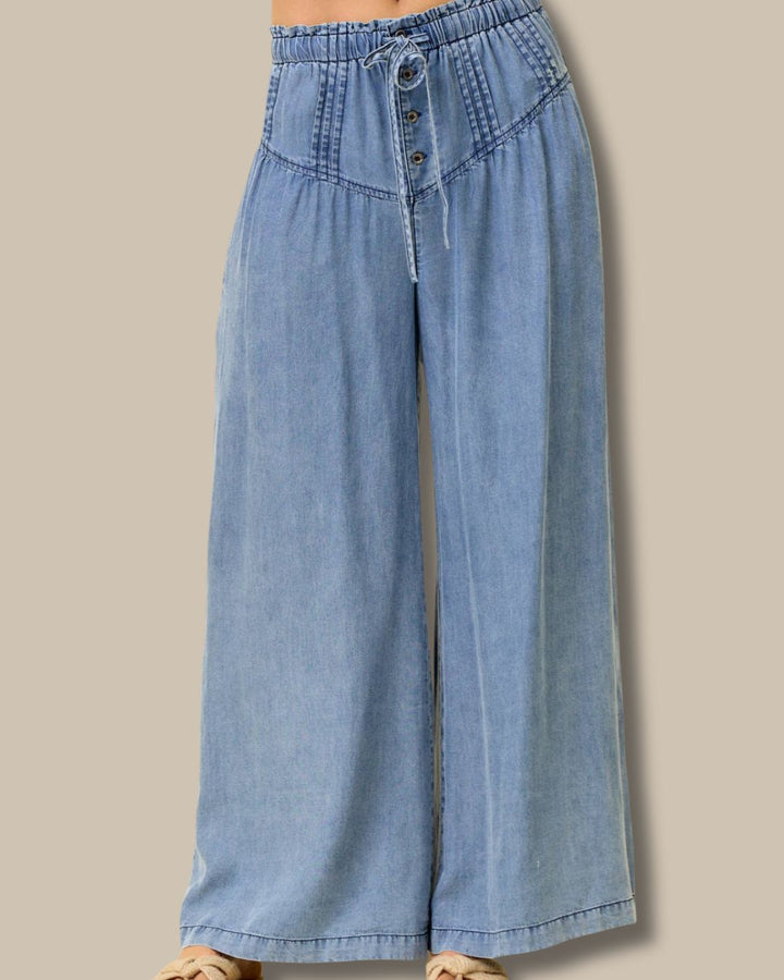 Pleated Wide Leg Denim Pants