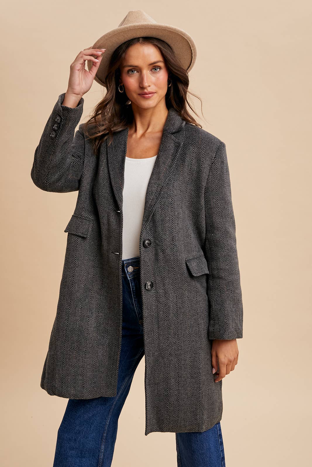 Herringbone Duster Coat – Charcoal