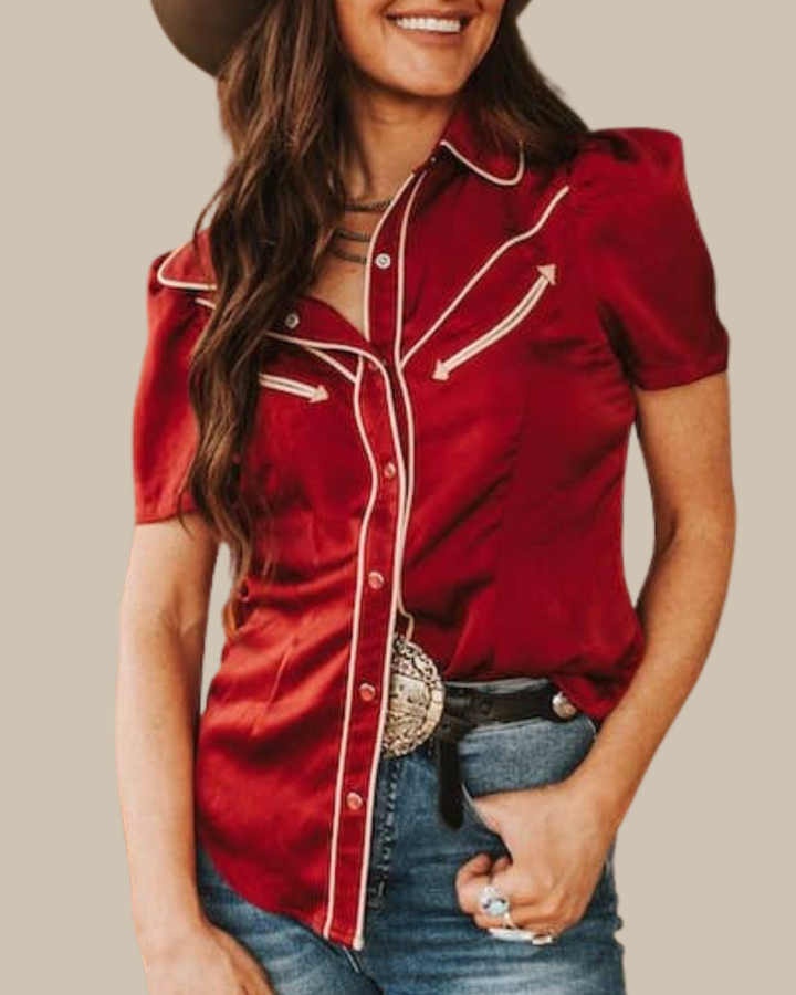 Satin Contrast Arrow Pearl Snap Puff Sleeve Top | Burgundy