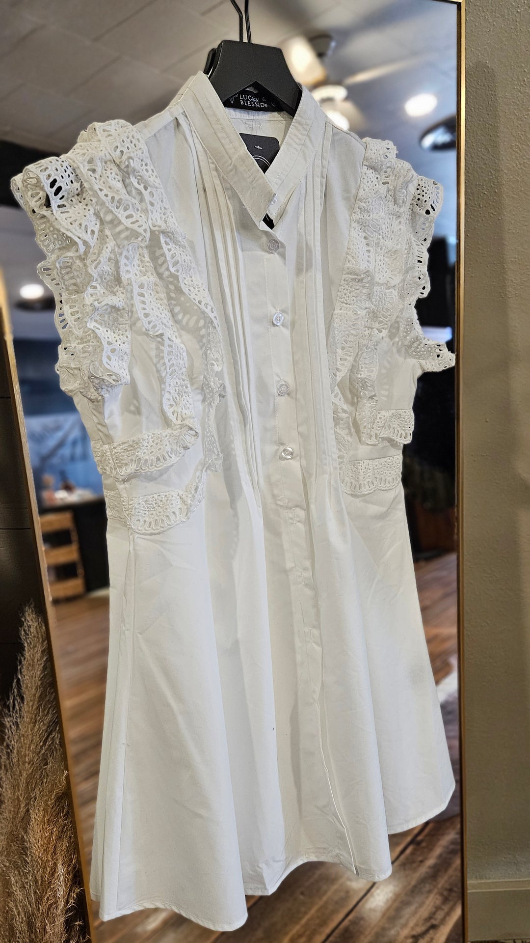 Crochet Ruffle Sleeveless Button Down Dress | Ivory
