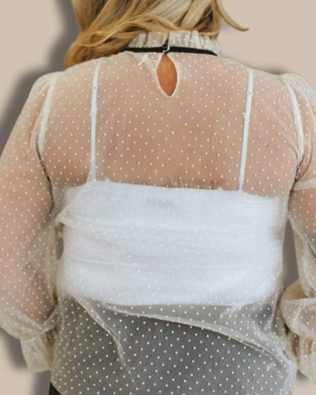 Ivory Dotted Sheer Mesh Puff Sleeve Top with Neck Tie