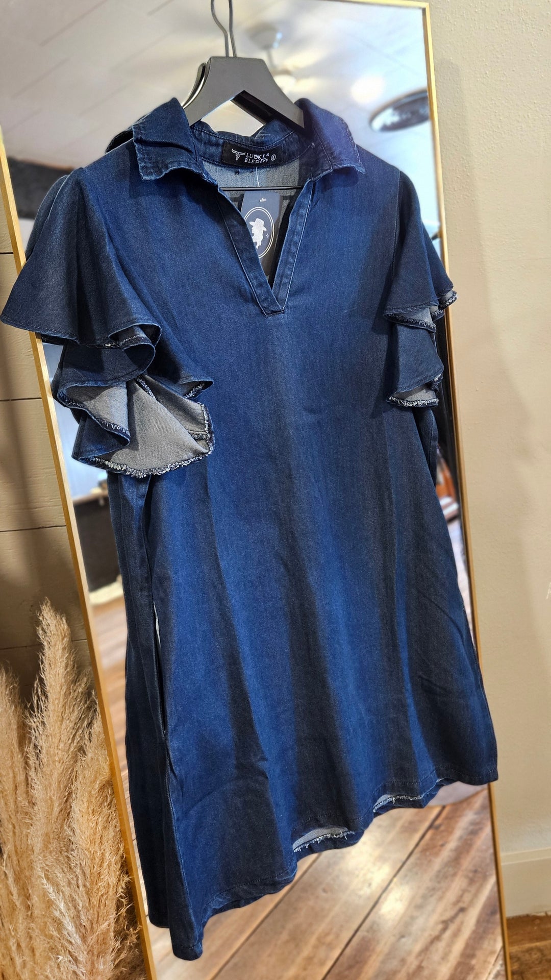 Dark Wash Ruffle Short Sleeve Stretch Denim Dress