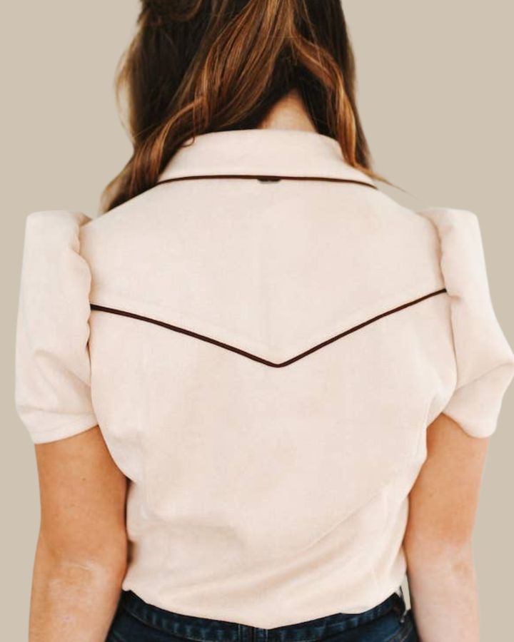 Suede Contrast Arrow Pearl Snap Puff Sleeve Top | Beige