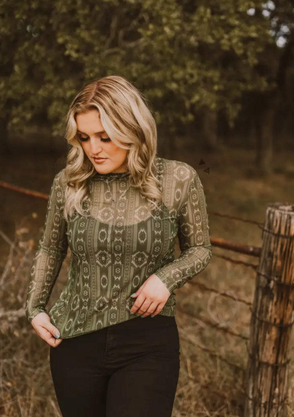 Olive Mesh Western Top