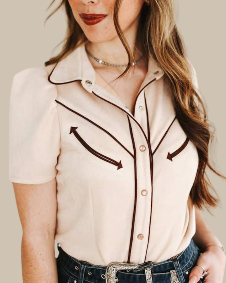 Suede Contrast Arrow Pearl Snap Puff Sleeve Top | Beige