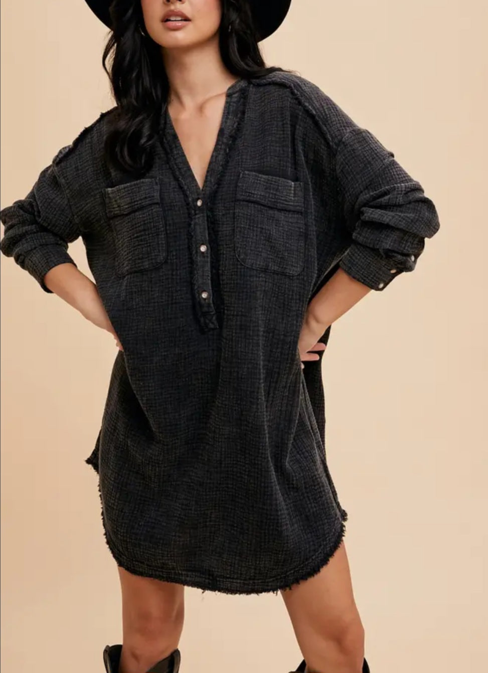 Black Mineral Washed Shirt Dress