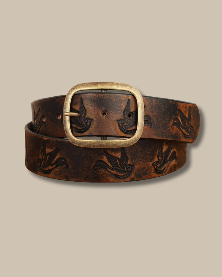 Embossed Sparrow Swallow Vintage Leather Belt