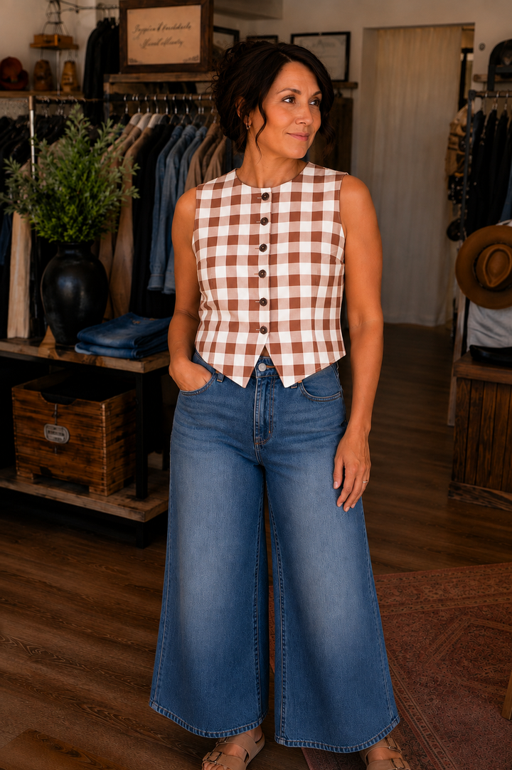 Square Checkered Western Pearl Snap Button Down Vest | Beige (Copy)